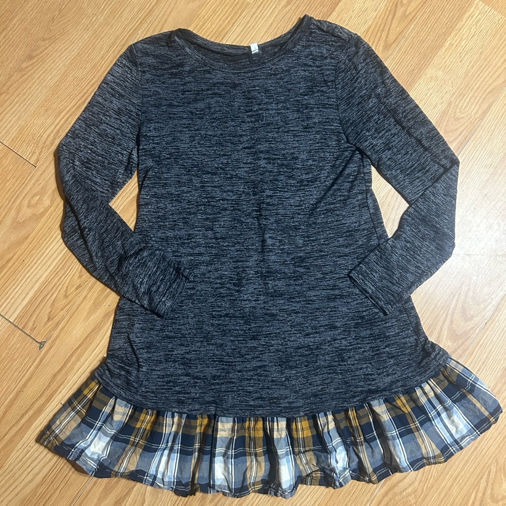 Gray Long Sleeve Dress with Plaid Hem